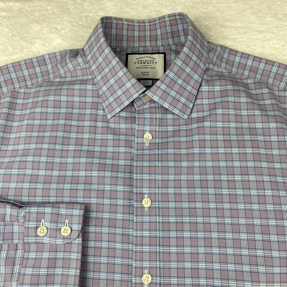 Charles Tyrwhitt Dress Shirt Mens 17-35 Blue/Lavender Checks Slim Fit No Iron